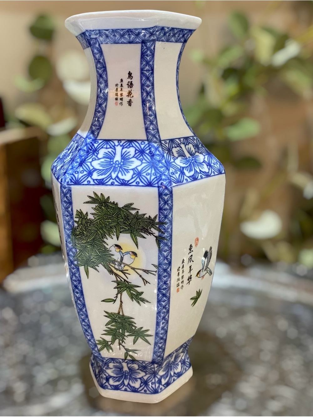 Vintage Chinese Vase Signed Calligraphy Birds Hexagonal Blue White Porcelain - Picture 5 of 10